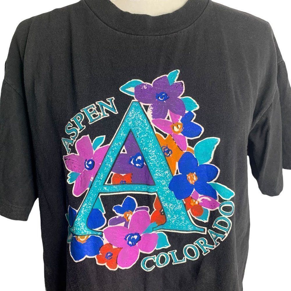 Vintage 90s Aspen Colorado Crewneck T Shirt L Black Single Stitch Short Sleeves